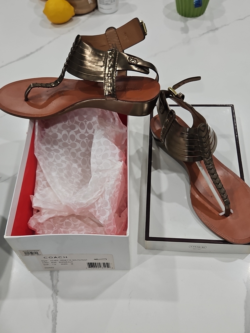 Coach Bronze Metallic T-Strap Braided Sandals